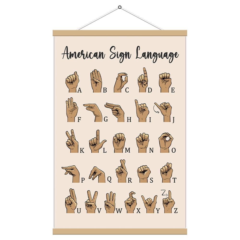 American Sign Language Poster Framed; ASL Wall Art Canvas Hanging Poster; ASL Alphabet Teaching Aid Alphabet Chart for Kids