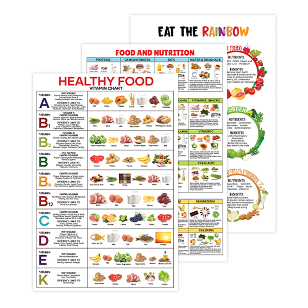 3 Pcs Vitamin Chart Poster 12x18", Mineral Chart Poster, Healthy Food, Vegetables Chart Wall Art, Eat the Rainbow, Nutrient Density Chart