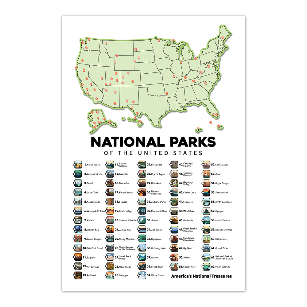 National Parks Checklist Poster, 16"x24" Traveler Checklist Wall Art Print, US National Park, Adventure, Travel Bucket List, United States Travel